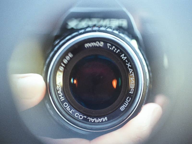 Close-up of a camera lens held by a hand.