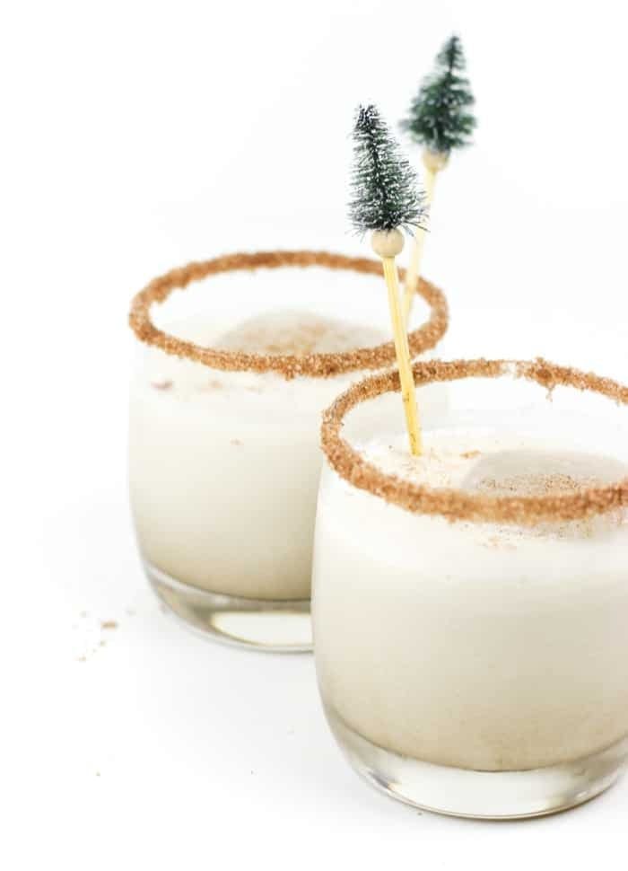 Two creamy white cocktails with cinnamon rims and decorative evergreen tree picks as a garnish.