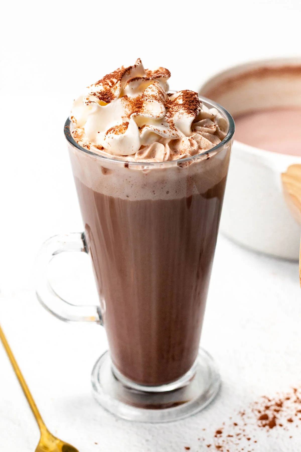 A tall glass mug of hot chocolate topped with whipped cream ad a dusting of cinnamon