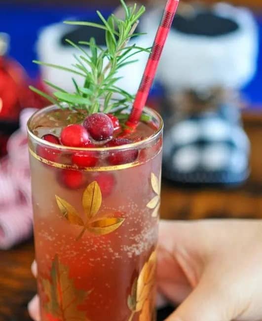 A hand holds a glass with a red drink garnished with cranberries and rosemary.