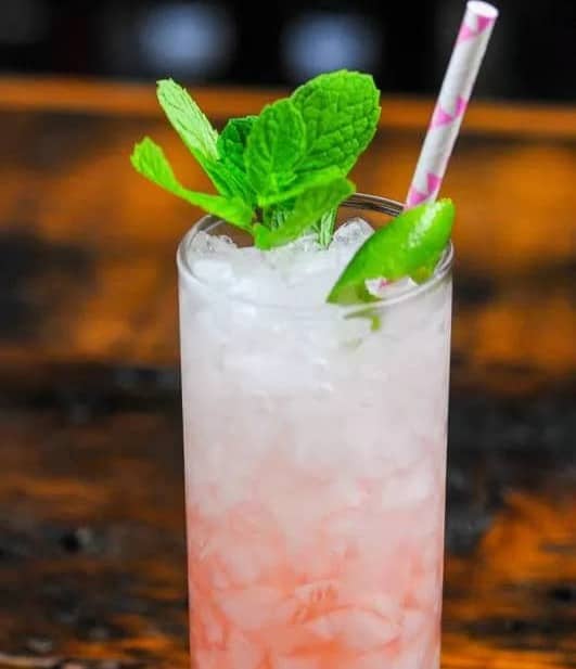 A pink iced drink with a sprig of mint.