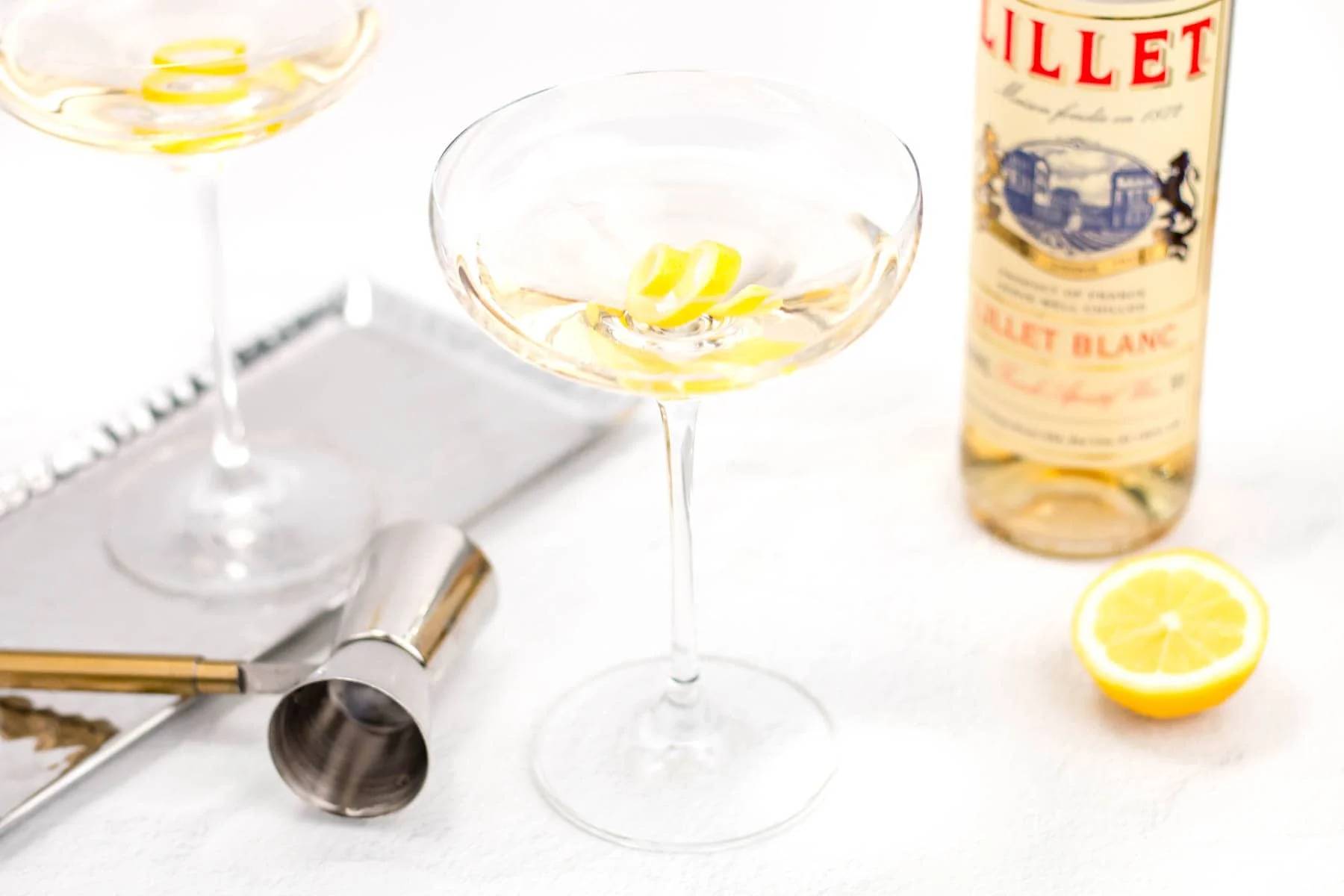 A pale martini in a stemmed glass.