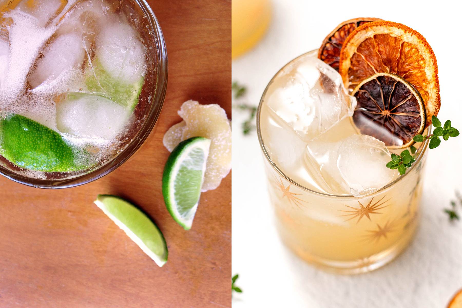 Two images of ginger cocktails sit side by side.