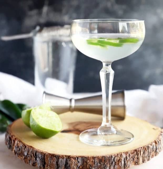 A clear cocktail topped with green lime slices sitting on a round tree cookie.