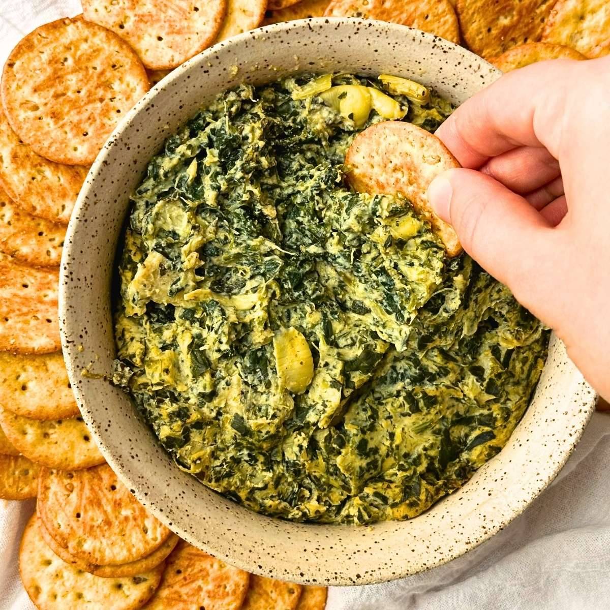 Spinach artichoke dip with crackers.