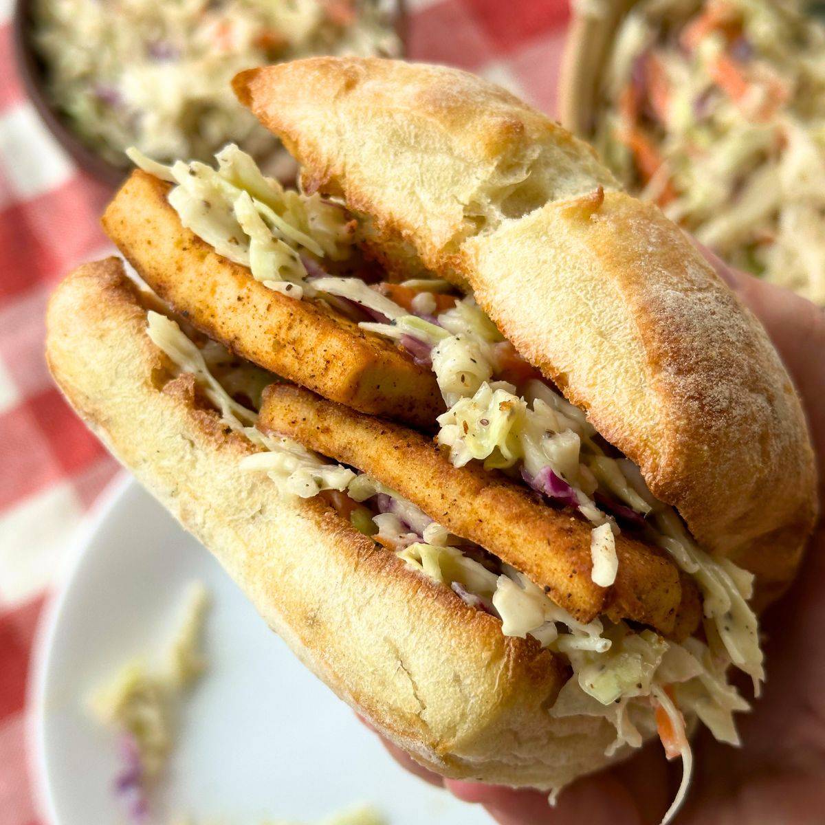 Blackened tofu and coleslaw sandwich.
