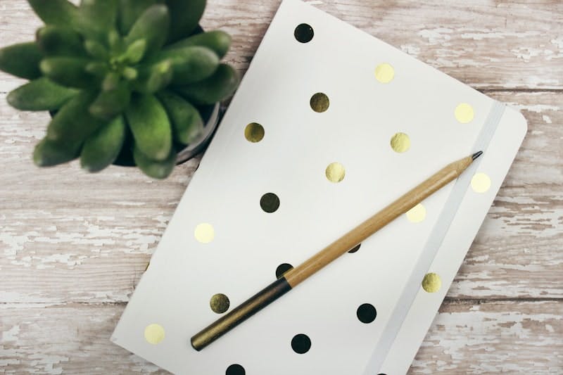 Gold and white polka dot notebook or journal sits on a white wooden desk with pencil and small planted succulent.