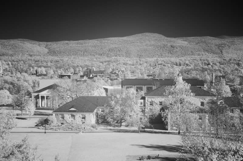 Buildings and trees in a landscape with mountains.