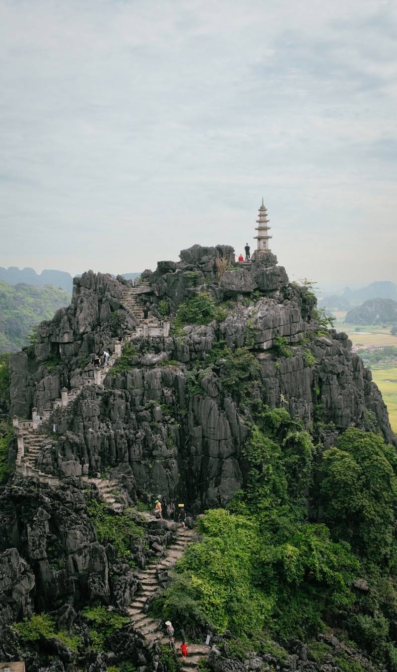 Climbing a mountain to a pagoda's peak.