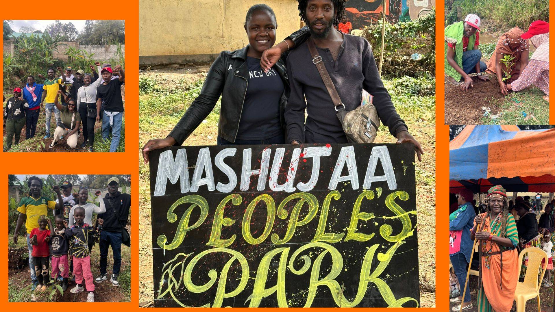 A wooden placard held by two young people, a man and woman. The wooden placard says, Mashujaa People's Park.