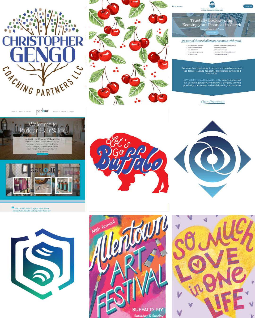 6 different designs by Ellen Morse including 3 logo designs, 2 websites, 1 poster, 1 greeting card, 1 Buffalo Bill sticker and 1 pattern design