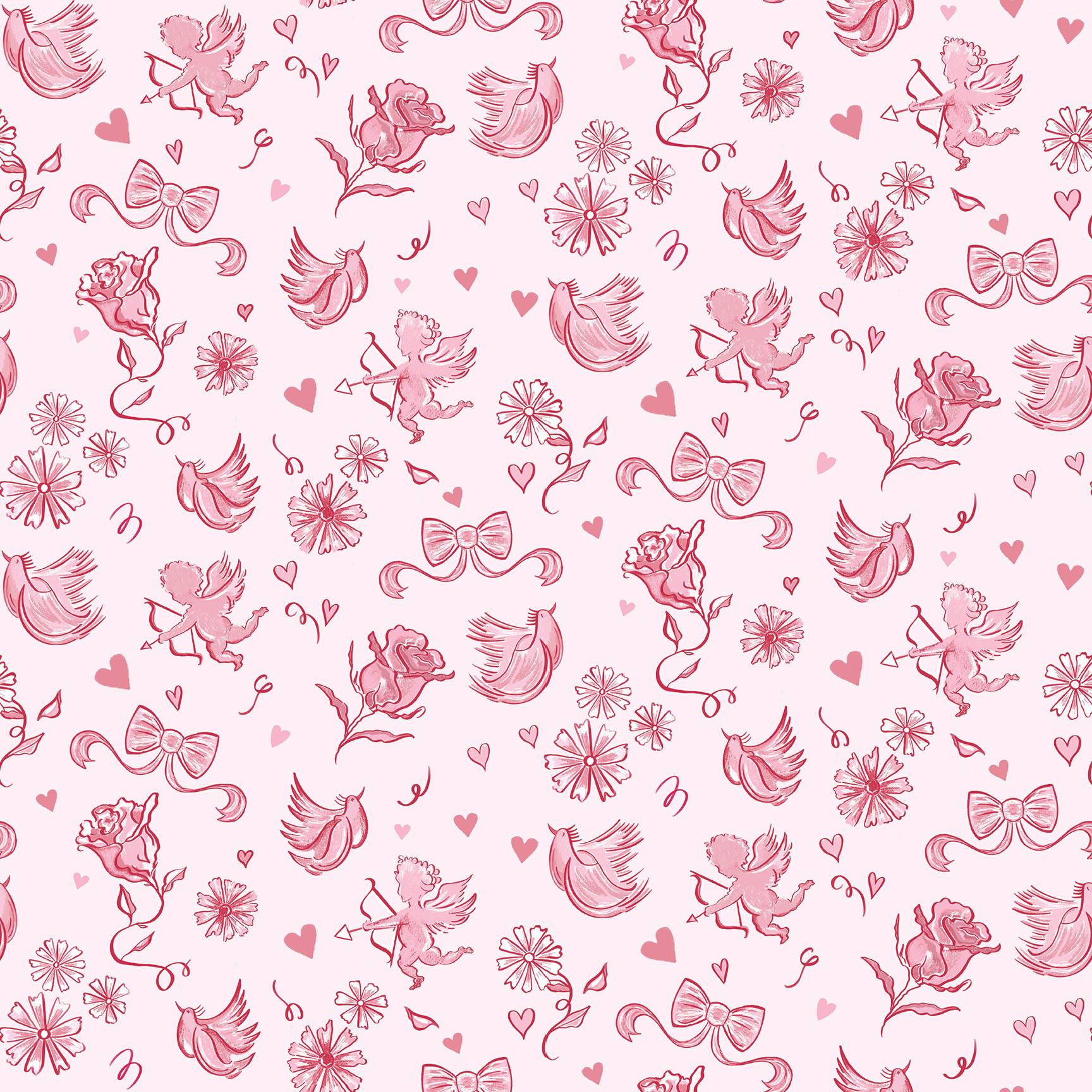 Valentine Surface pattern design with cupids, hearts and roses. created by Ellen Morse