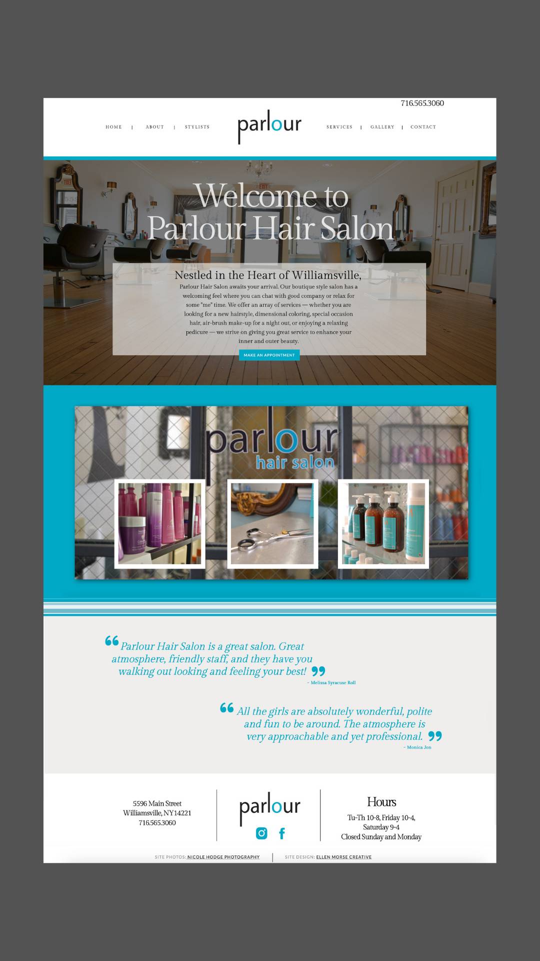 Detail of Parlourwilliamsville.com website design created in Showit