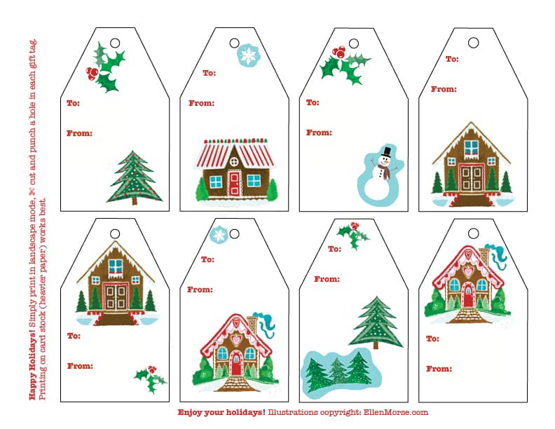 Holiday gift tags for your personal presents. Illustrations by Ellen Morse.