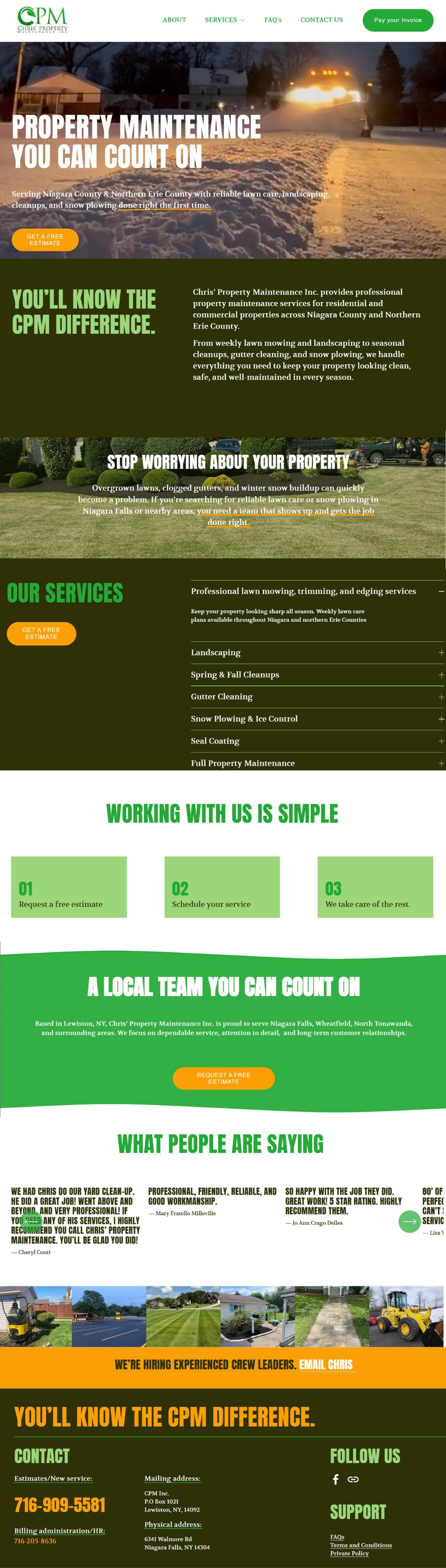 Screenshot of CPM Property Maintenance company's website. CPM is located in Niagara County and needed a refresh in their design.