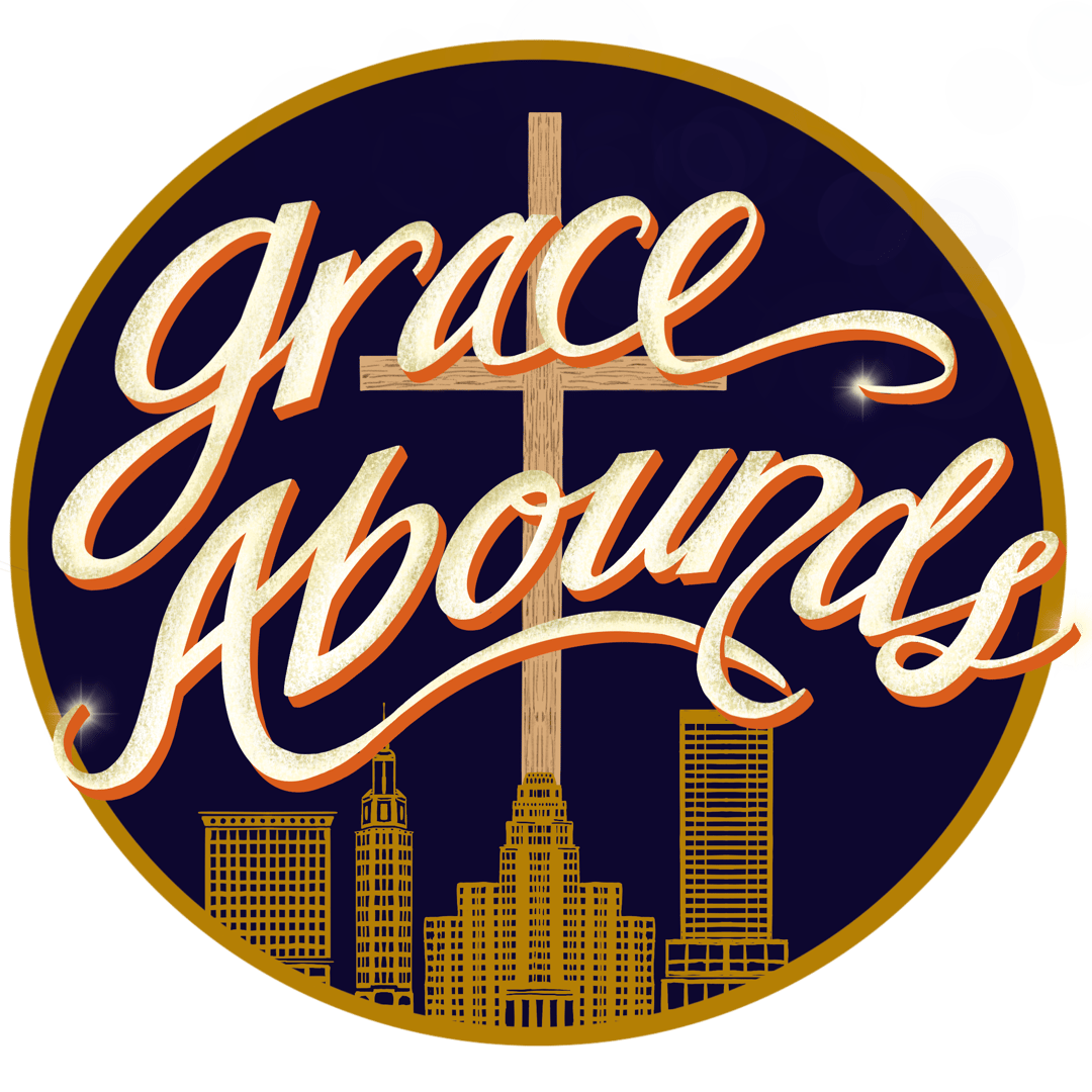 Grace Abounds hand illustrated and hand drawn logo. Scripted type, Buffalo skyline and a cross make up the circular logo