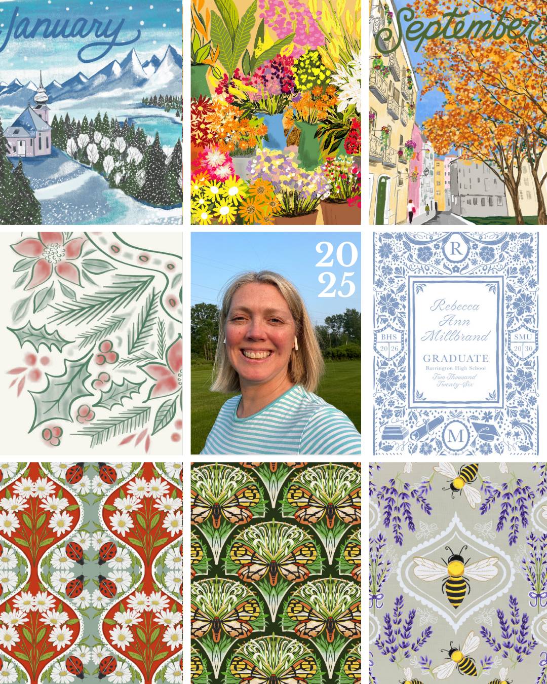 grid of my favorite designs from 2025: 3 images from my calendar, 2 invitation designs and 3 patterns (1 collection) by Ellen Morse