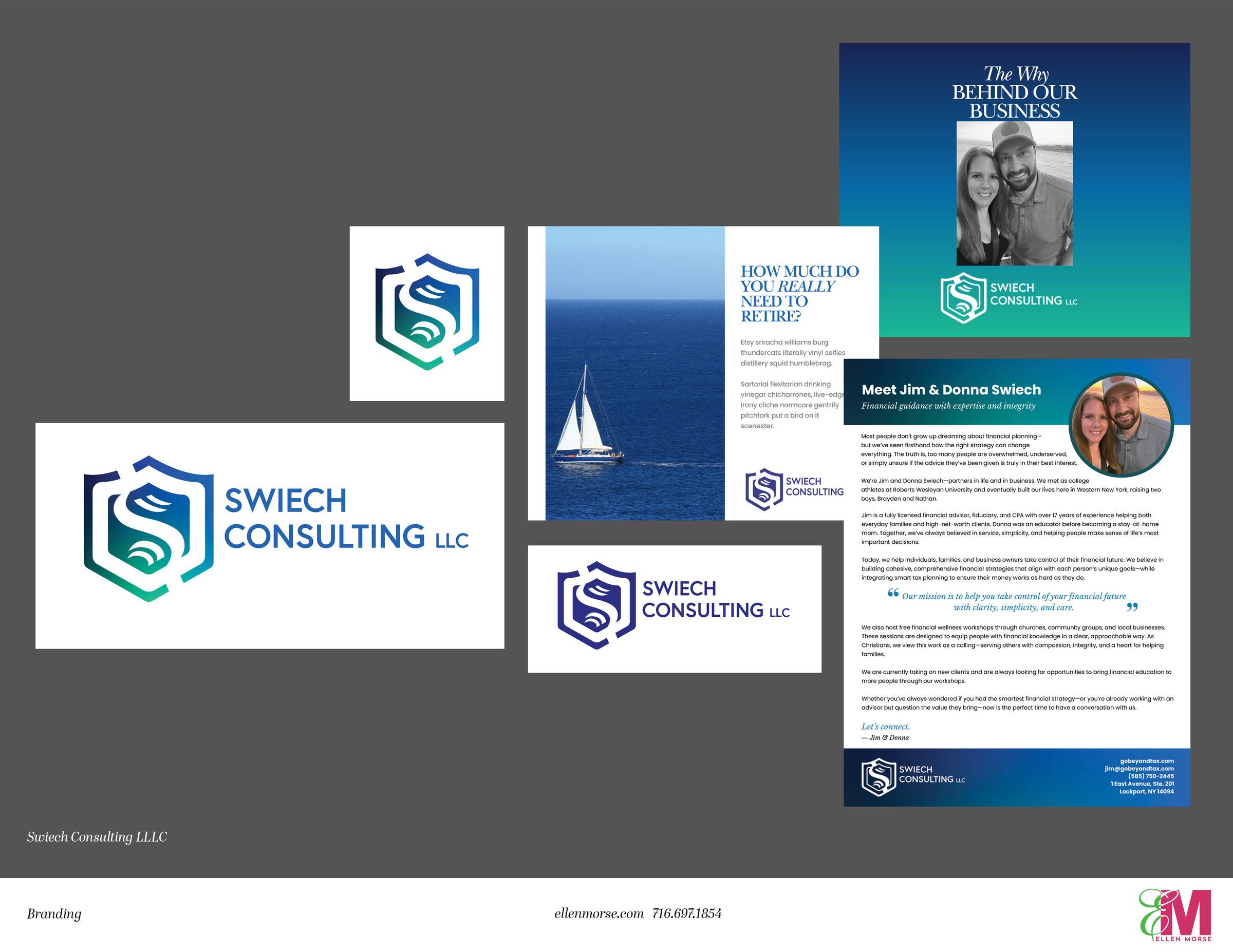 A collage of various branding elements recently done for a new client, Swiech Consulting LLC