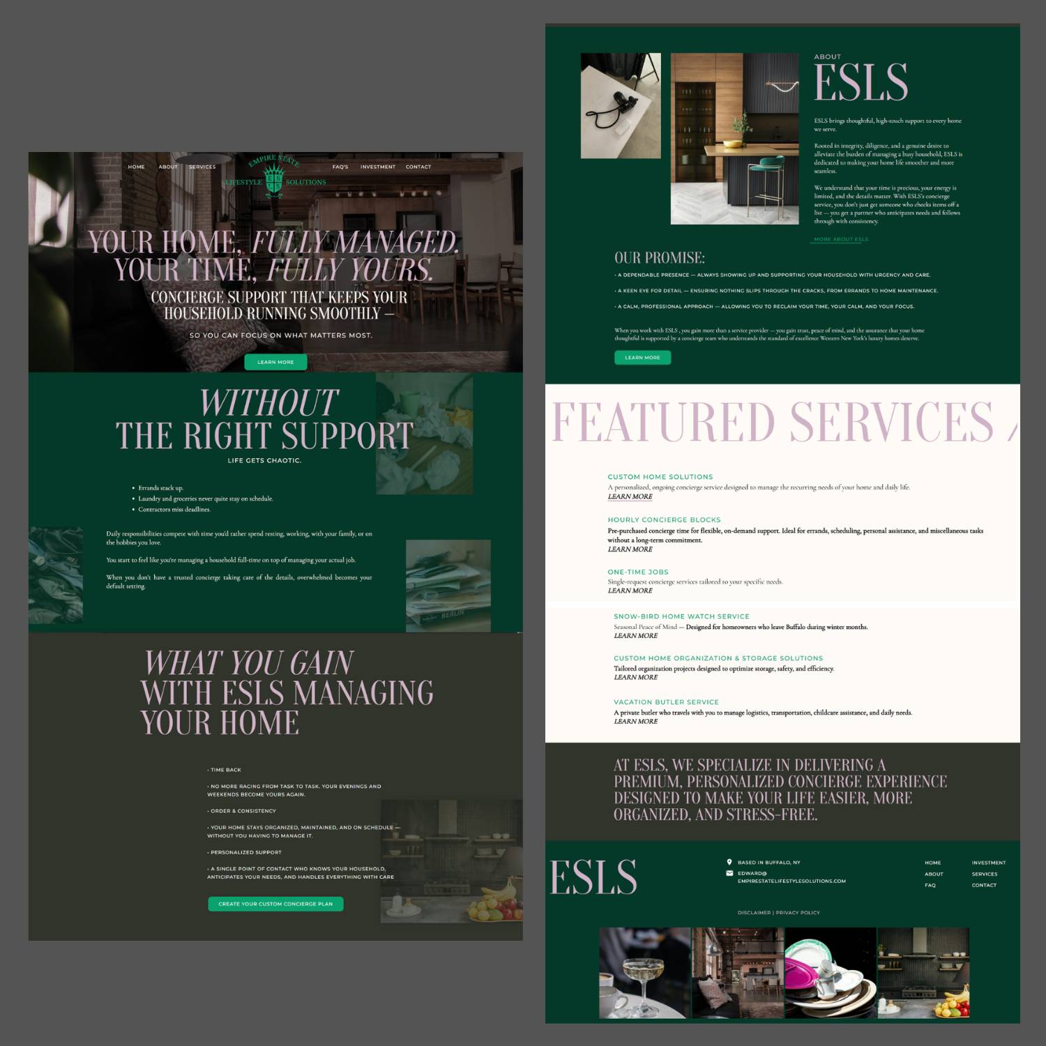 Screen shot of Empire State Lifestyle Solutions' homepage design, created by Ellen Morse. A dark green background with beautifully styled interior shots grace this site design