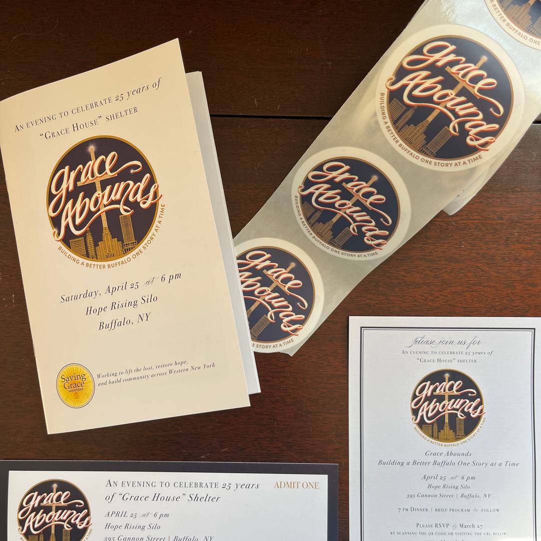 Save Grace Mnistries Grace Abounds gala: includes program booklet, invitation design, stickers, ticket. Designed by Ellen Morse