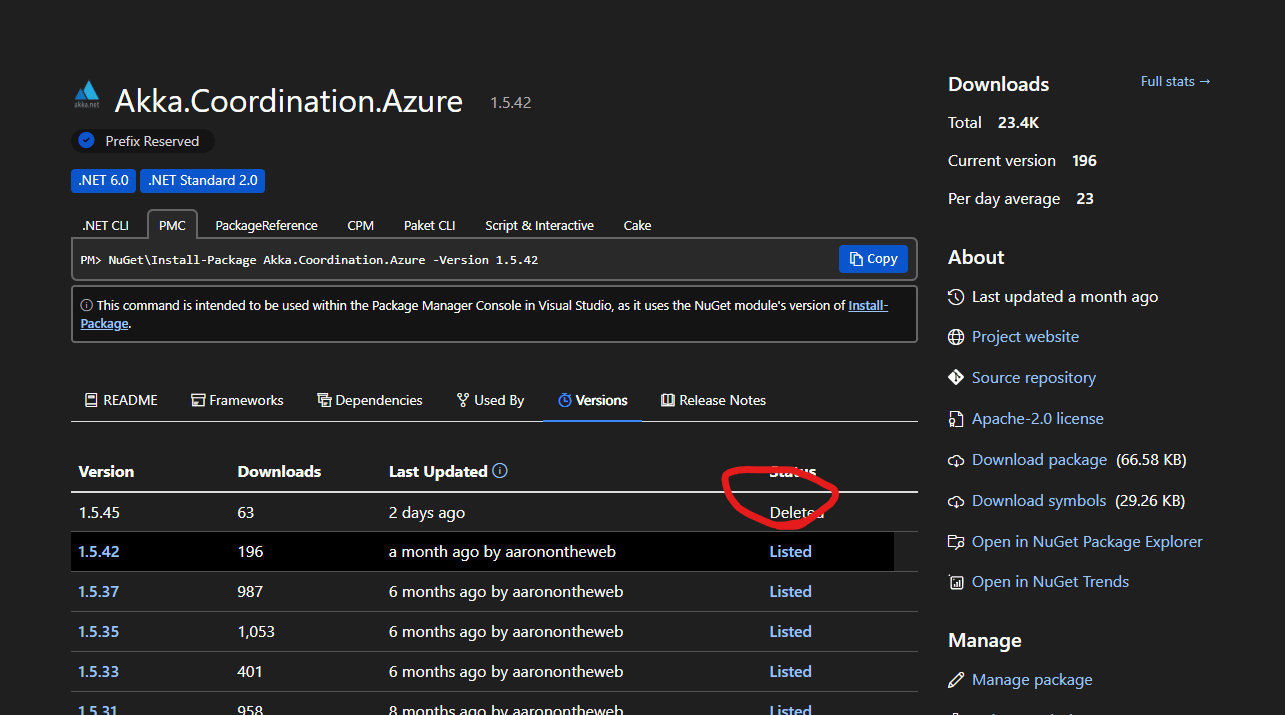 Akka.Coordination.Azure package deleted by Microsoft