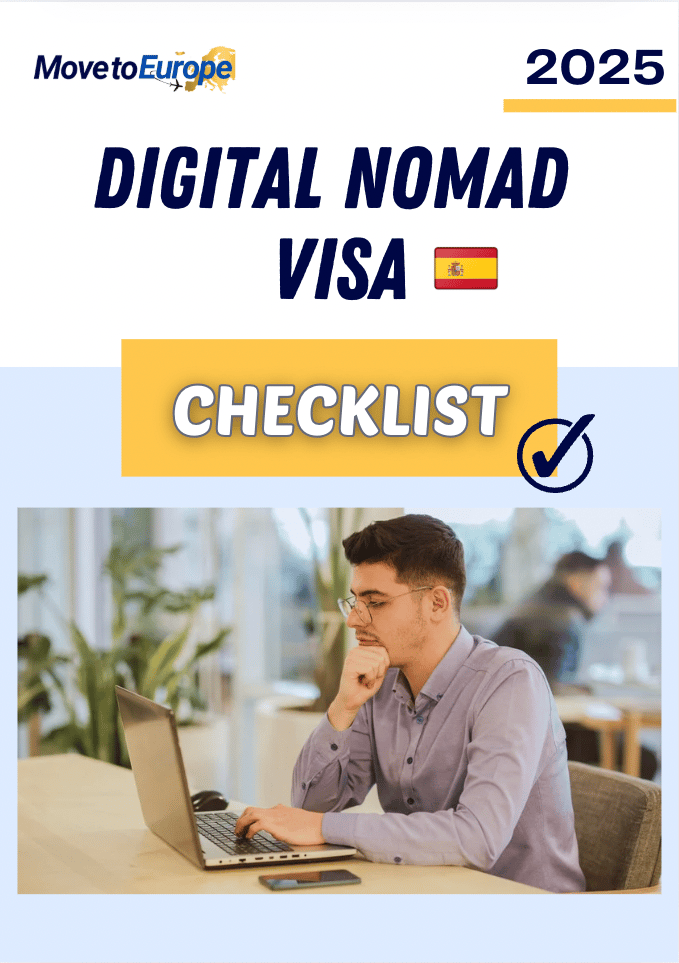 Text on the image: "3 Easiest Ways to Move to Spain in 2025."

The image features three photos. The top photo shows a view of Park Güell in Barcelona, with its distinctive colorful mosaics and curved architecture. The bottom left photo displays a coastal scene with rocky shores and waves crashing under a blue sky with fluffy clouds. The bottom right photo depicts a view of the Plaza de España in Seville, showcasing its expansive architectural design with arched structures and a vast plaza area.