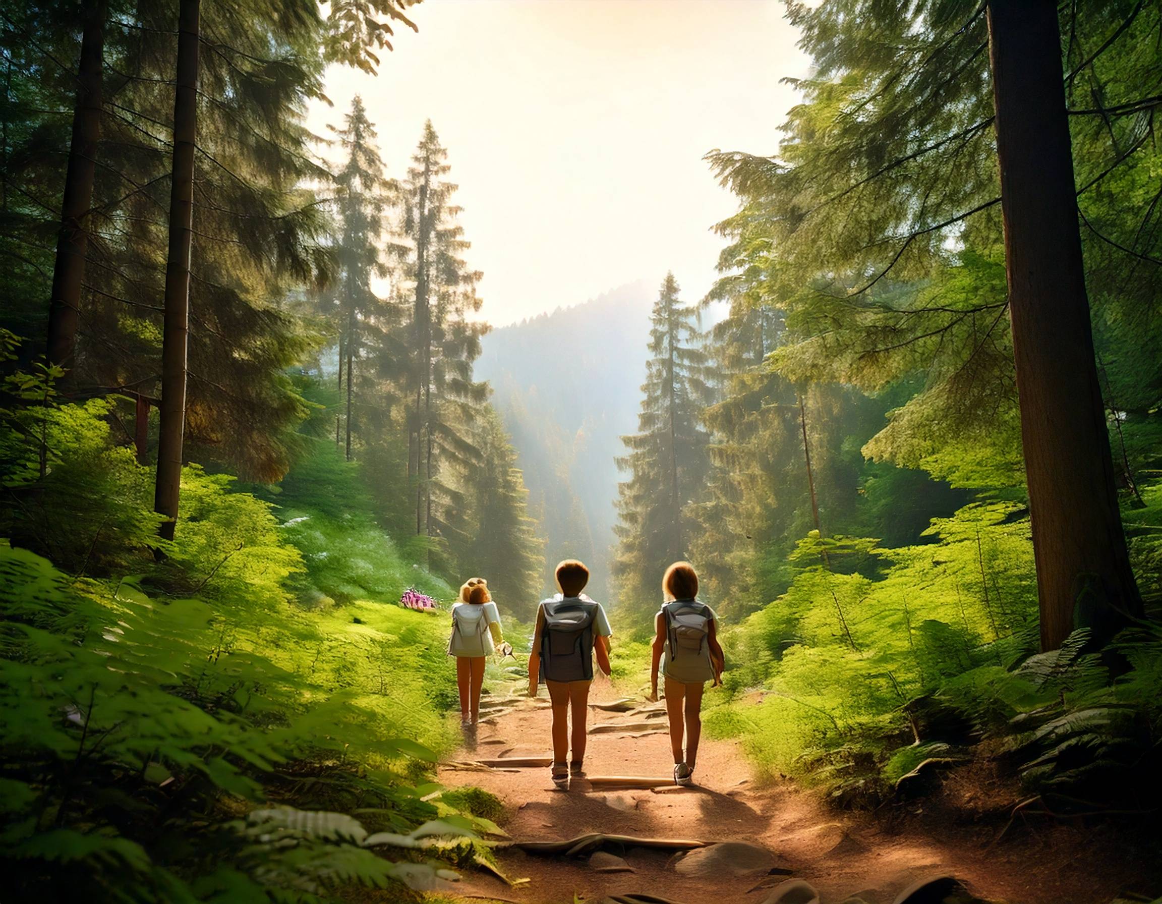 kids walking in the forest having fun, taking photos