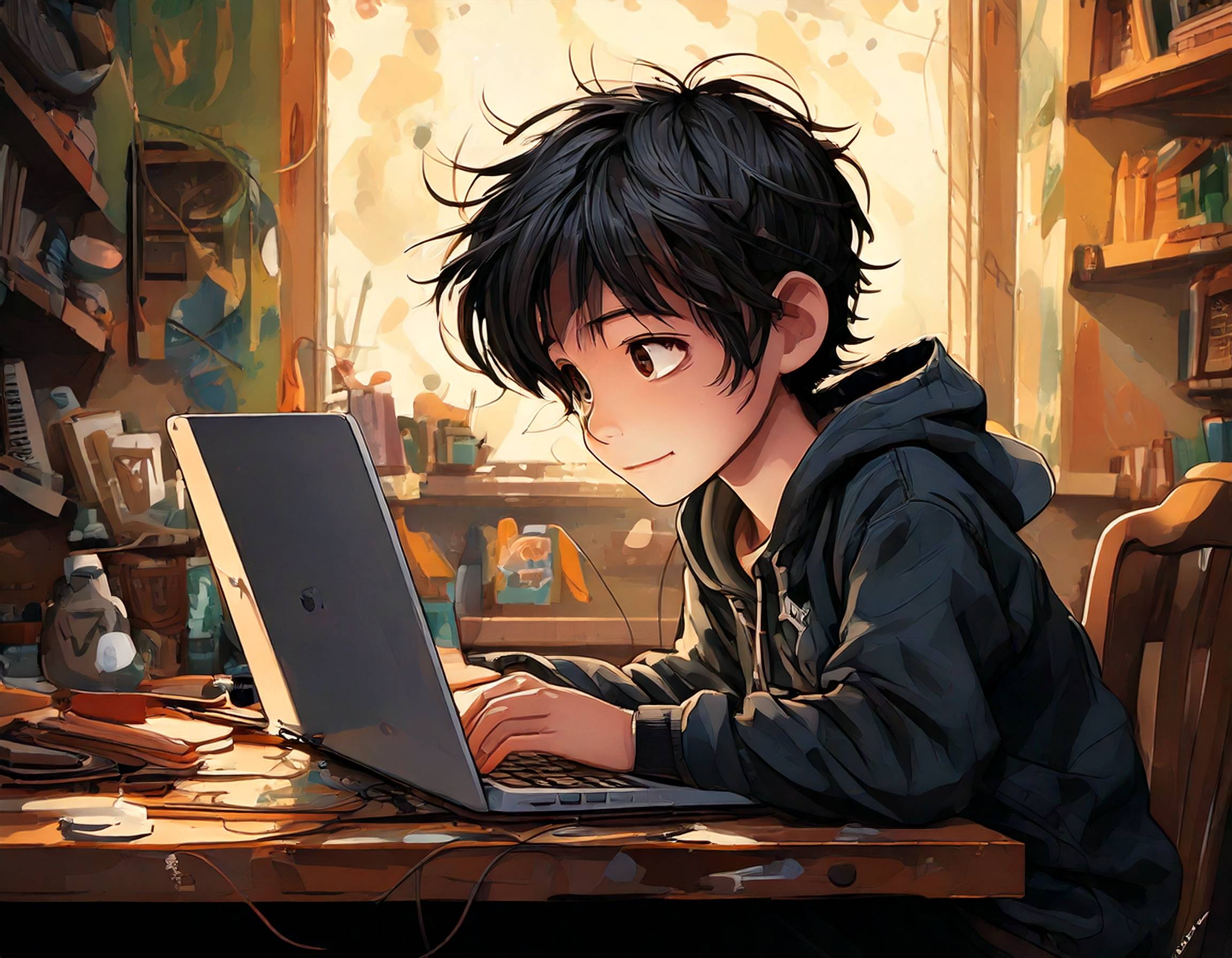 a kid with messy black hair on his computer, editing photos in a cosy room 