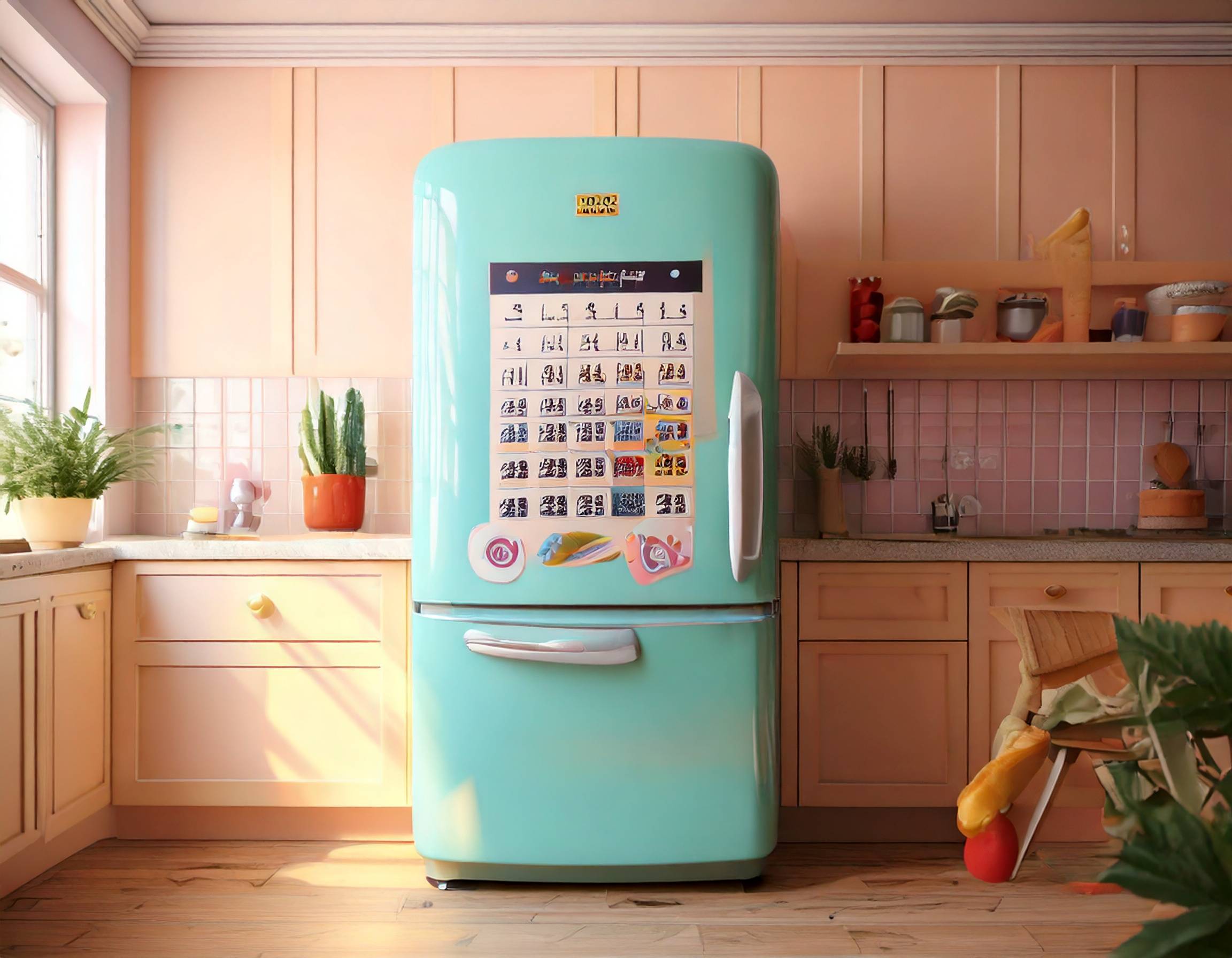 a old school teal fridge in a kitchen showing a calendar