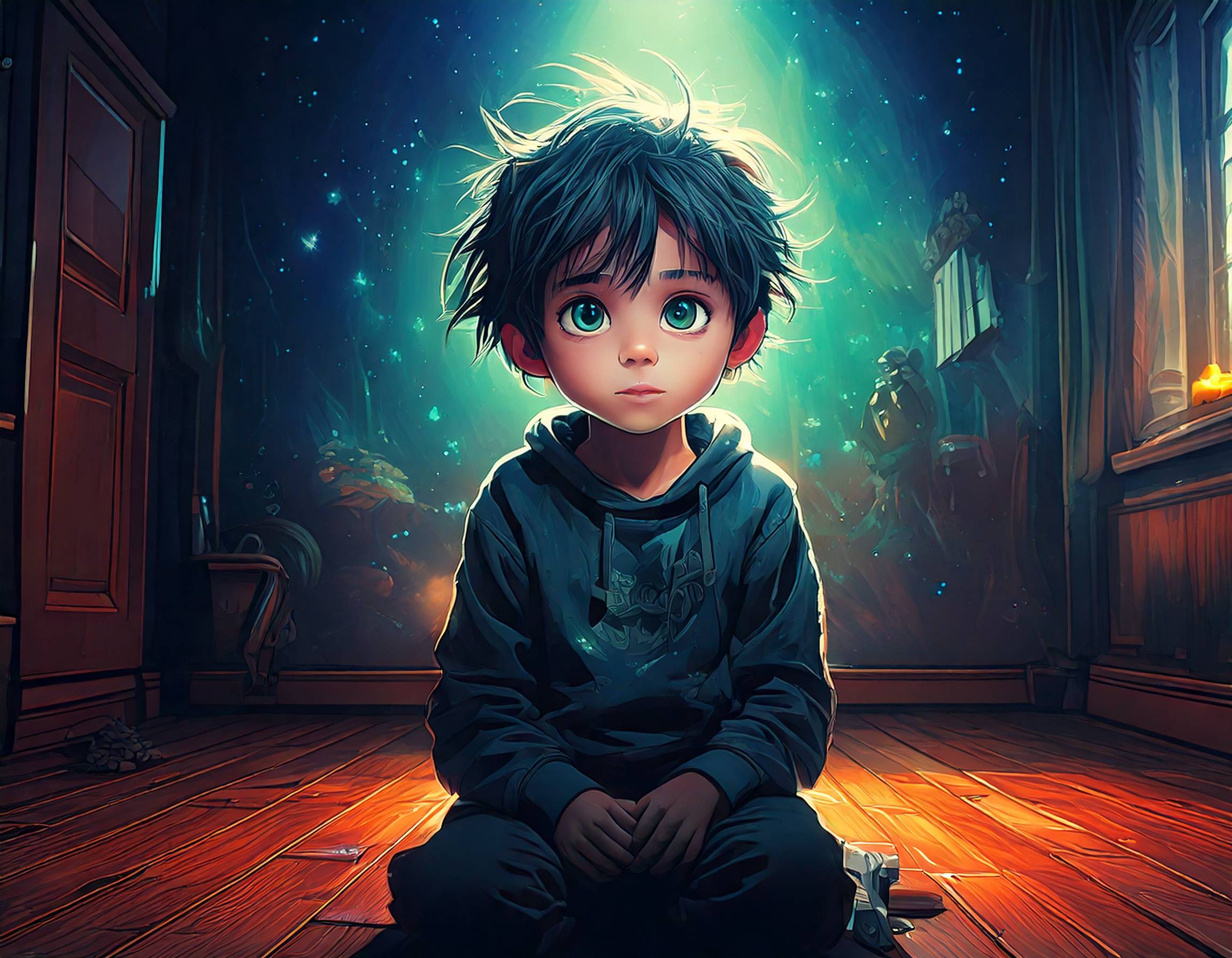 a kid with messy black hair sitting in a room by himself, not being seen on social media