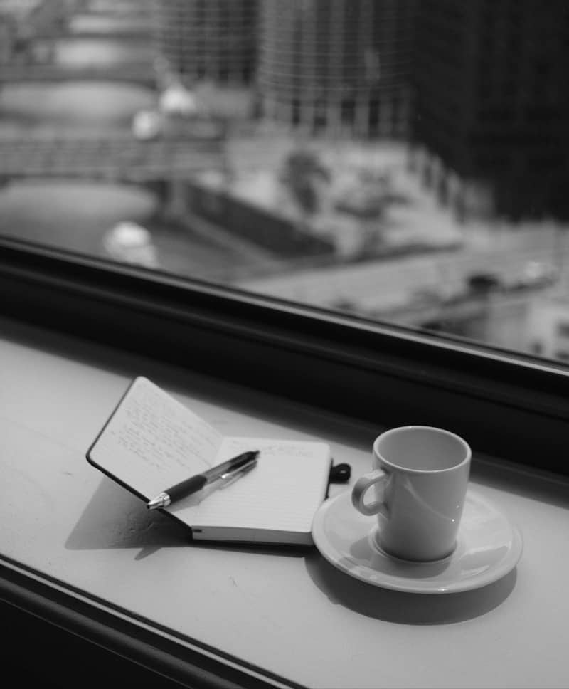 Notebook, pen, and coffee with a cityscape view.