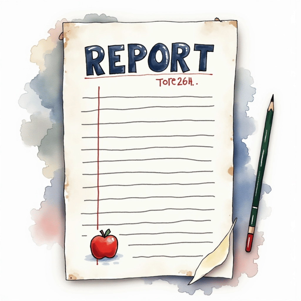 a lined paper with the word, "REPORT," printed in blue at the top and a small red apple in the bottom left corner.