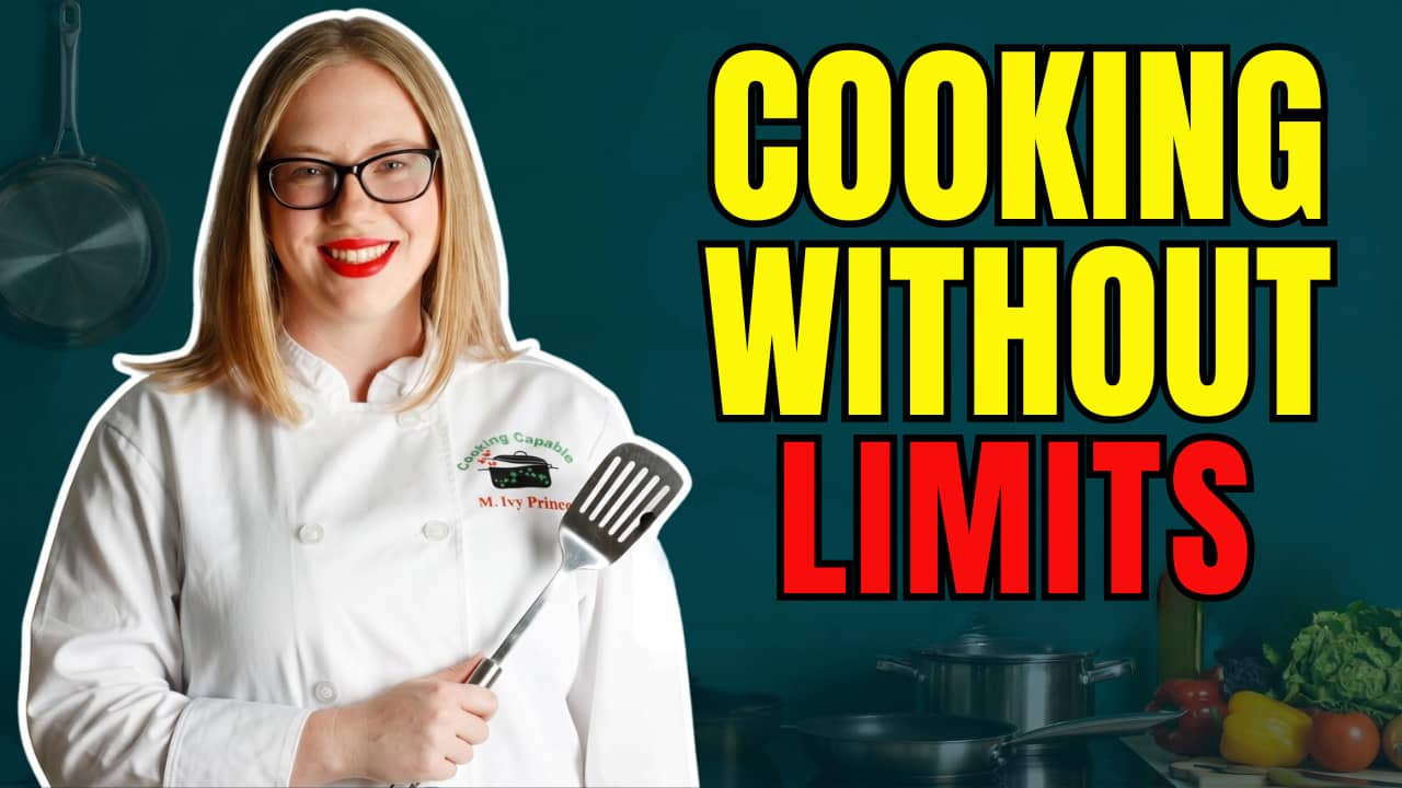 A teen girl with long blond hair and wearing glasses and a chef's coat holds a spatula. The title above her head reads, "Cooking Without Limits."
