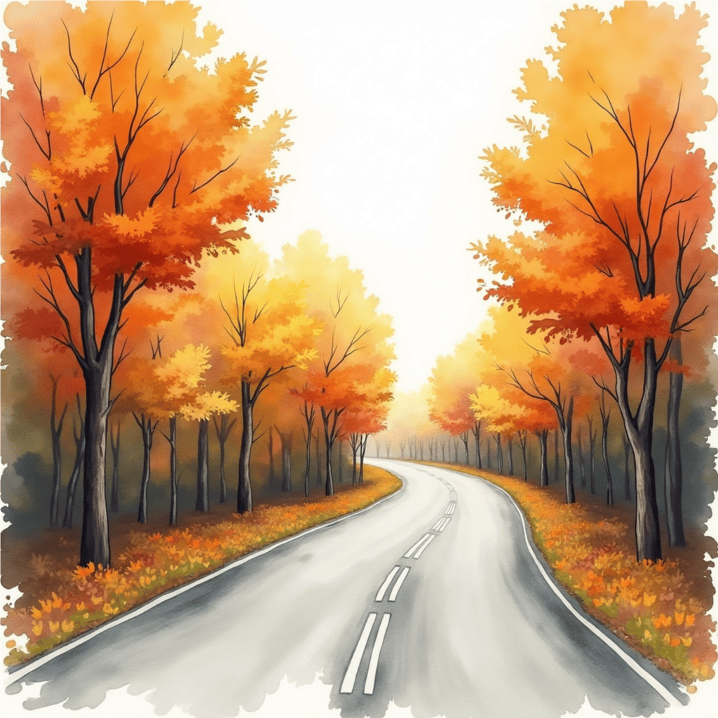 an image of a road winding away from you with orange, yellow, and red topped trees lining the road on both sides.