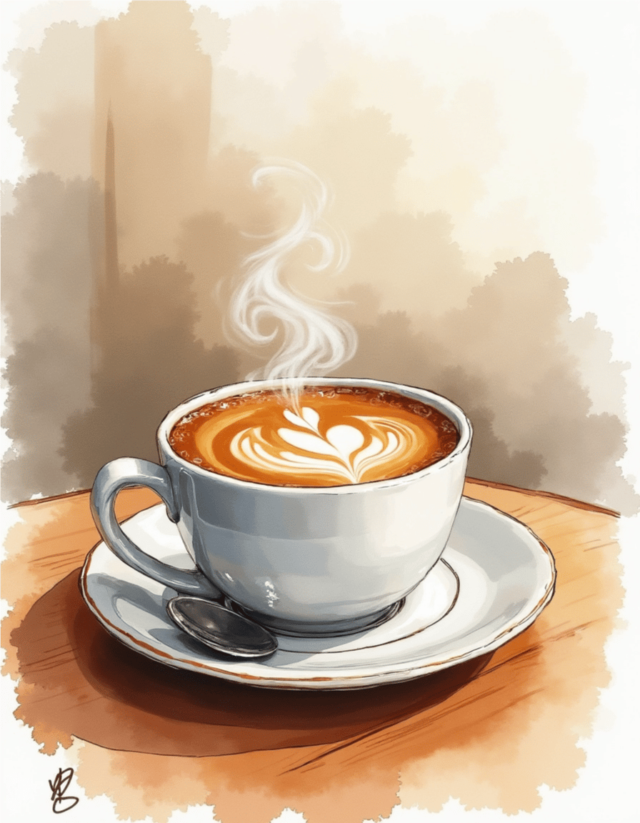 A watercolor painting of a steaming cup of coffee sitting on a wooden table.