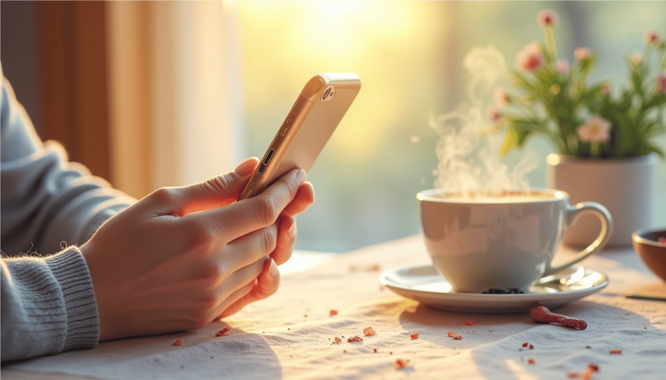 An image of a person holding a smart phone while they are sitting at a kitchen table with a cup of coffee in front of them.