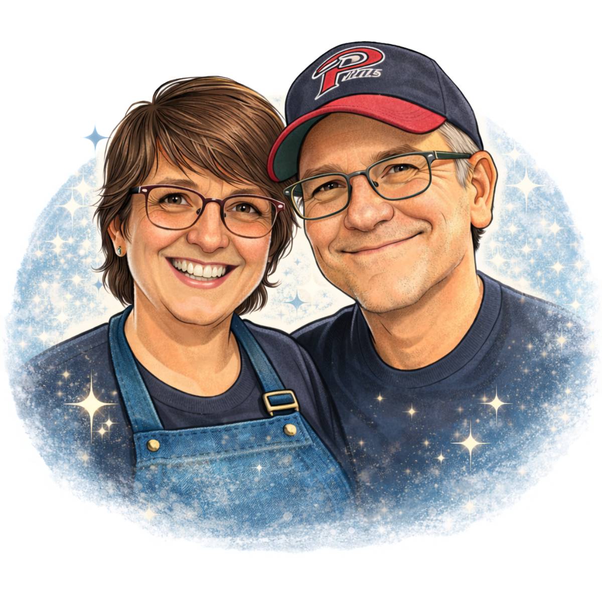 A caricature of Tonya with her husband Steve from their Touch of Tartar YouTube channel.