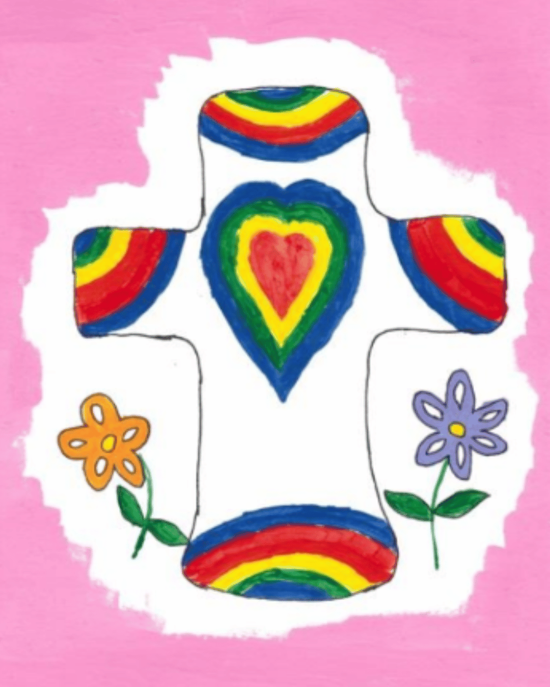 A painting of a rainbow-colored cross on a bright pink background with 2 flowers at the base.