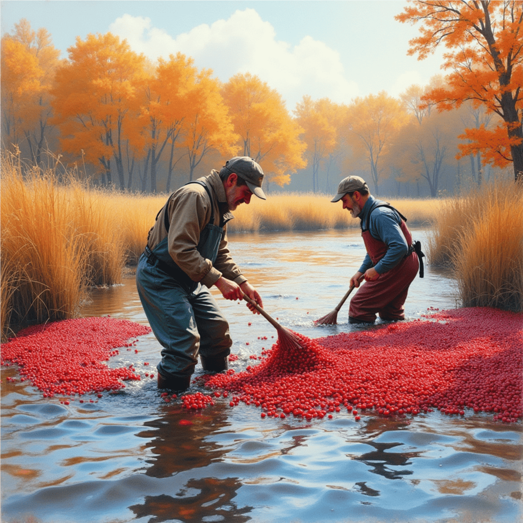 a painting of 2 men working in a cranberry bog harvesting the berries.