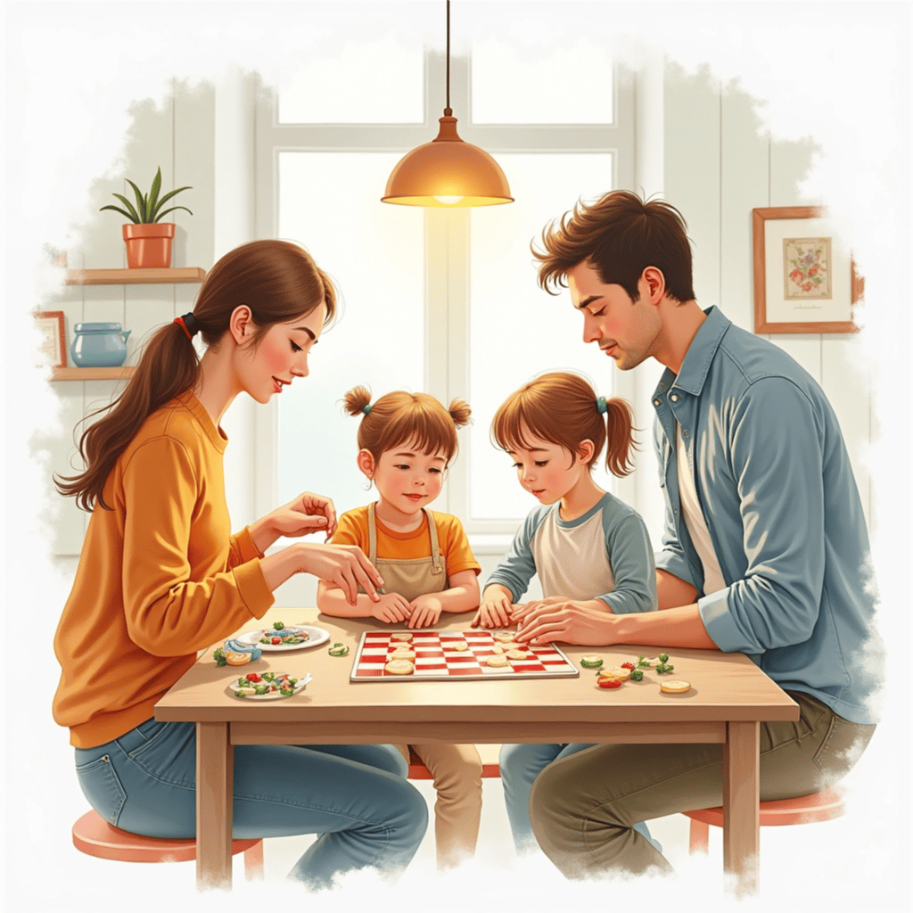 A watercolor painting of a family playing a board game at the kitchen table.