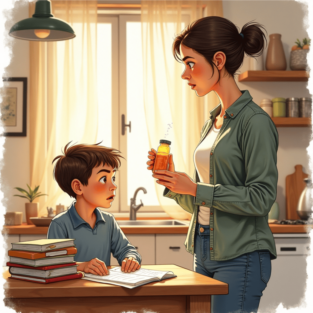 A mother stands with a bottle of medicine in her hand as she looks worried. Her son sits at the kitchen table near her working on his homework.