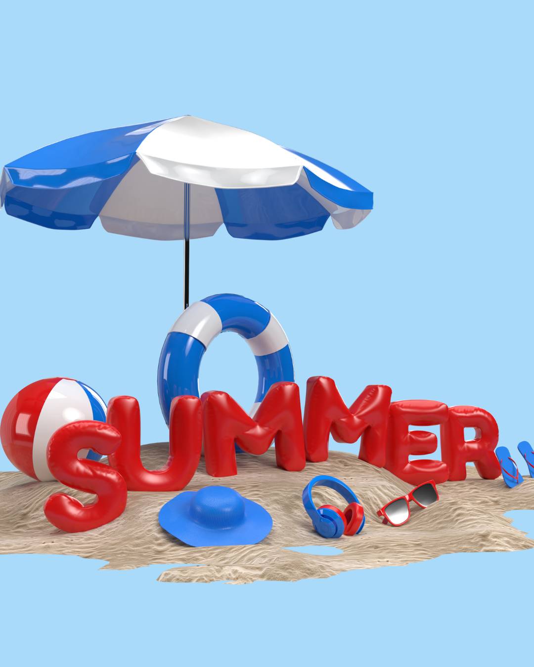 A beach scene with a beach umbrella, float toys, and the word, "SUMMER," in balloons.