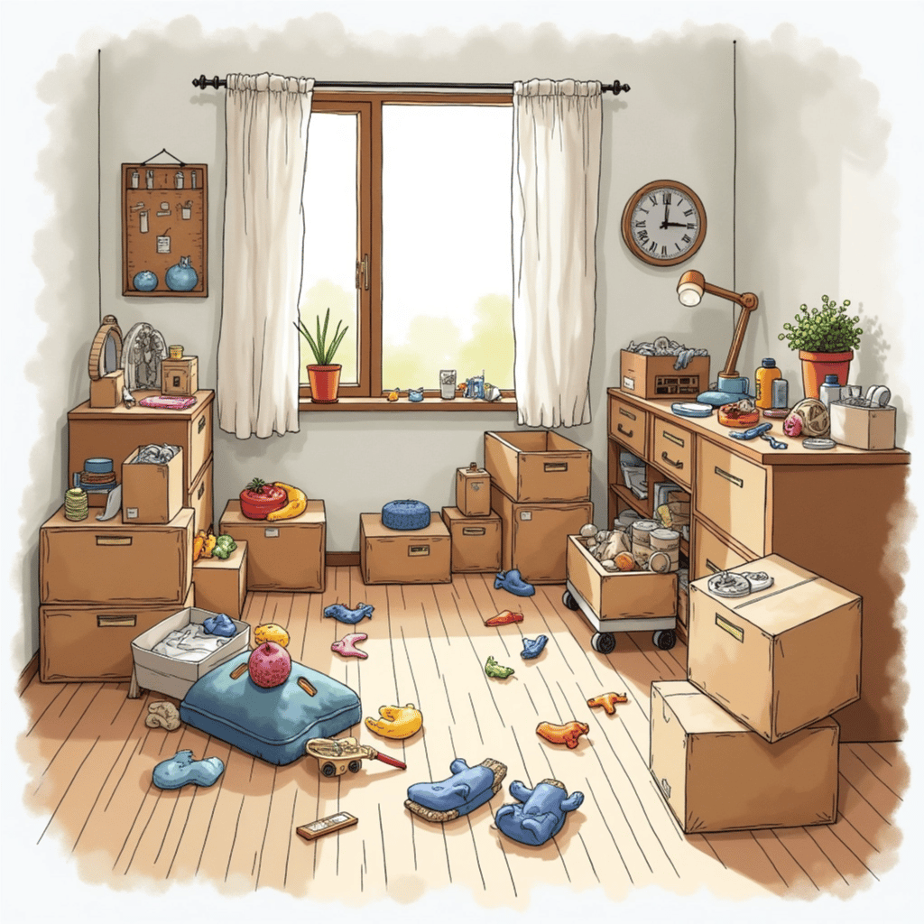 A watercolor painting of a messy playroom with toys and boxes on the floor.