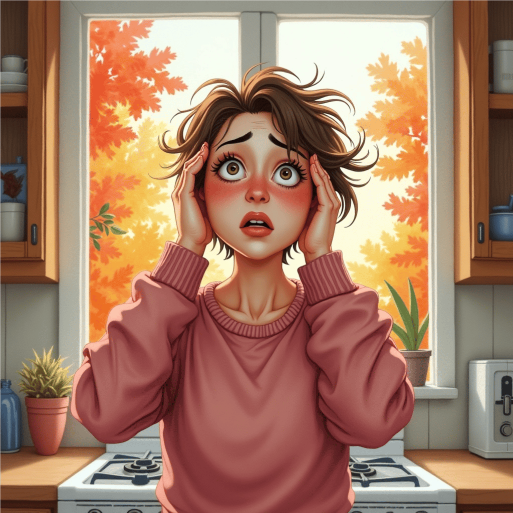 A woman stands in front of her kitchen window with her hands holding the sides of her head and a look of panic on her face.