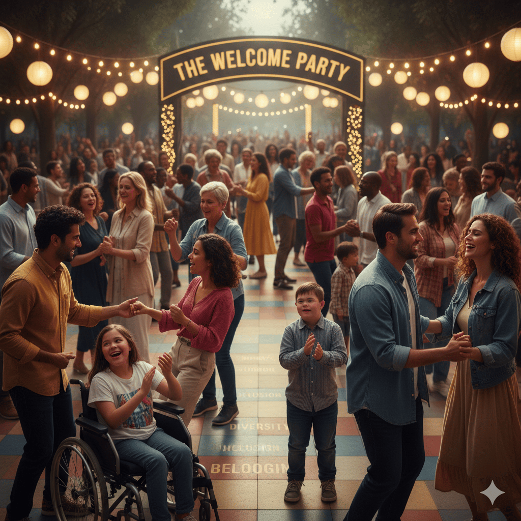 A family dance with a girl in a wheelchair and a boy with Down syndrome. Everyone is participating and happy.