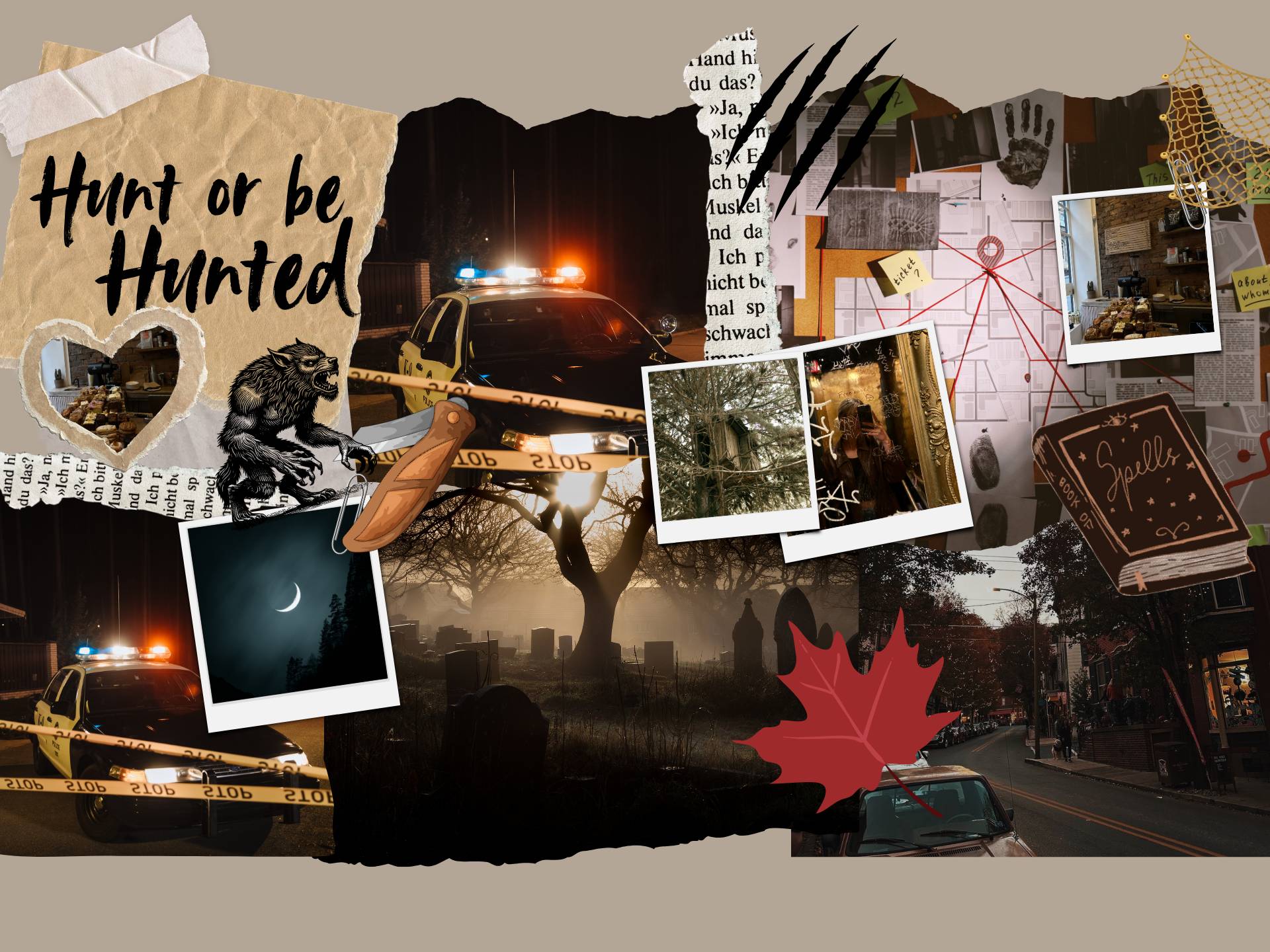 Moodboard with fall mystery vibes: police tape, crime board, spell book, crescent moon, werewolf, cemetery.