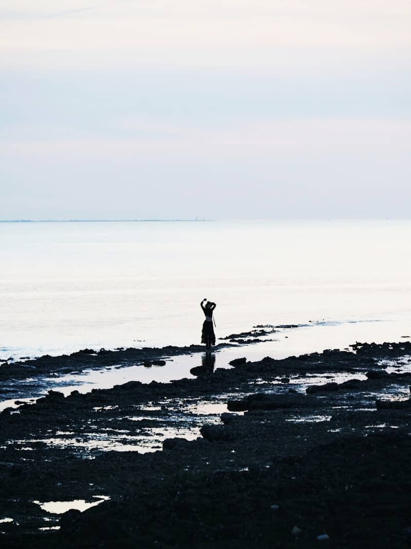 A lone person stands at the ocean's edge.