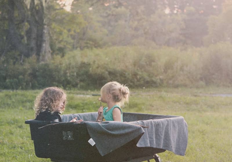 Two children sit in a wheelbarrow outdoors.