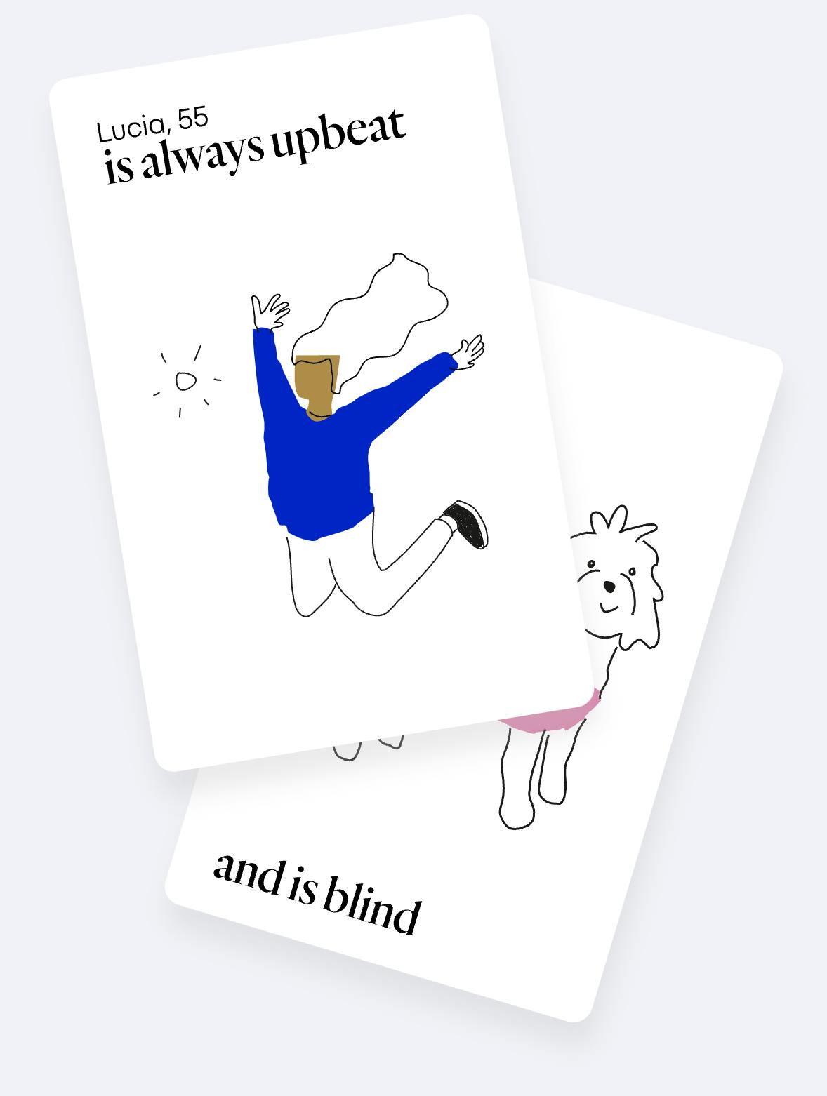 Two sample Cards for Humanity: a 'person' card and a 'trait' card