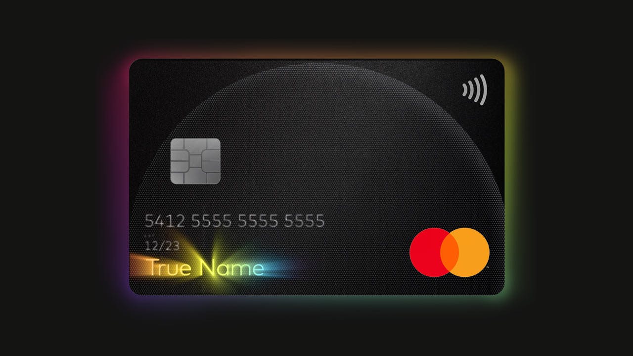 Visual of a credit card  wit by Mastercard with "True Name" highlighted on the bottom left